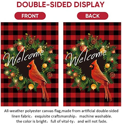 UPINLOOK Cardinal Christmas Garden Flag, Wreath Welcome Garden Flag Vertical Double Sided, Winter Valentine's Day Buffalo Check Plaid Rustic Farmhouse Yard Flag Outdoor Decoration 12.5 x 18 Inch