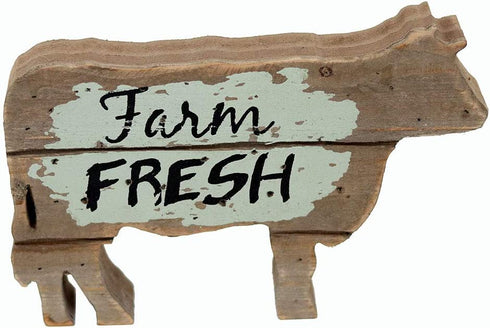 Parisloft Farm Fresh Wood Cow Shaped Sign Tabletop Decor, Carved Cow Statue Home Decor, Animal Sculpture Decorations