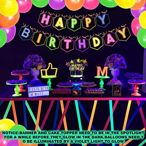 Glow Birthday Party Decoration Set Glow In The Dark Happy Birthday Banner Neon Cake Cupcake Topper Teenager B-Day Party At Night Balloons Ideas Favors Supplies