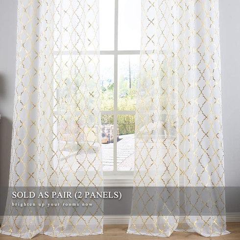 Kotile White and Gold Sheer Curtains for Bedroom - Gold Moroccan Tile Curtain Rod Pocket White Window Curtains 63 Inch Length 2 Panels for Girls Room, W52 x L63 Inches, 1 Pair, Gold White