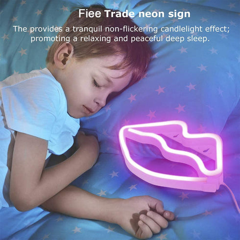 Fiee Pink Lip Shaped Neon Signs,Led Safety Art Wall Decoration Lights Neon Lights Night Table Lamp with Battery Powered/USB for Kids Gift,Baby Room,Wedding(Pink Lip)