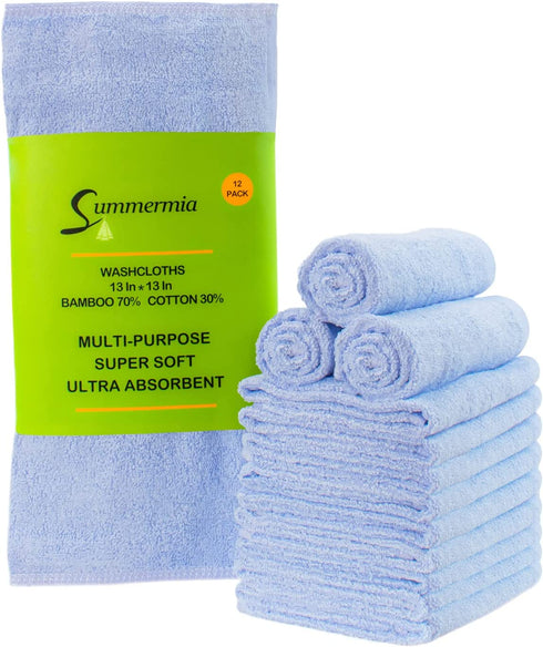 Summermia Washcloths 12 Pack 13"x13"-Bamboo Cotton Wash Clothes-Extra Absorbent, Soft Multipurpose Wash Cloth (Blue)