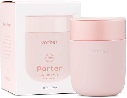 W&P Porter Ceramic Mug w/ Protective Silicone Sleeve, Blush 12 Ounces | On-the-Go | Reusable Cup for Coffee or Tea | Portable | Dishwasher Safe