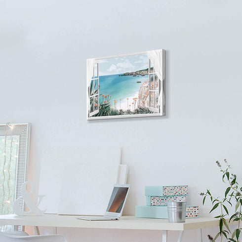 Hardy Gallery Coastal Painting Seascape Wall Art: Open Window View Picture Blue Ocean & Beach Artwork on Canvas for Bedroom (16'' x 12'' x 1 Panel)