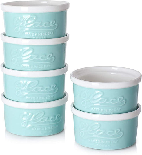 DOWAN 4 oz Ramekins - Ramekins for Creme Brulee Souffle, Porcelain Ramekins Oven Safe, Mason Style Embossed Ramekins Bowls Ramekins for Baking, Set of 6, Blue