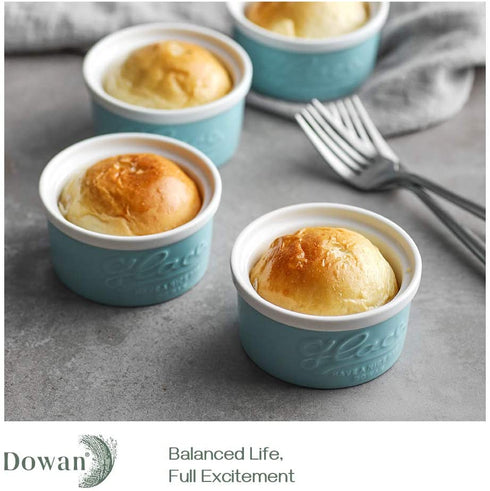 DOWAN 4 oz Ramekins - Ramekins for Creme Brulee Souffle, Porcelain Ramekins Oven Safe, Mason Style Embossed Ramekins Bowls Ramekins for Baking, Set of 6, Blue