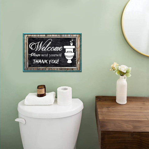 Teal Wall Art, Funny Bathroom Picture Wall Decor, Restroom Canvas Prints Black and White Please Seat Yourself Sign Rustic Turquoise Welcome Signs Painting Accessories Farmhouse Home Decoration 8 x 14"