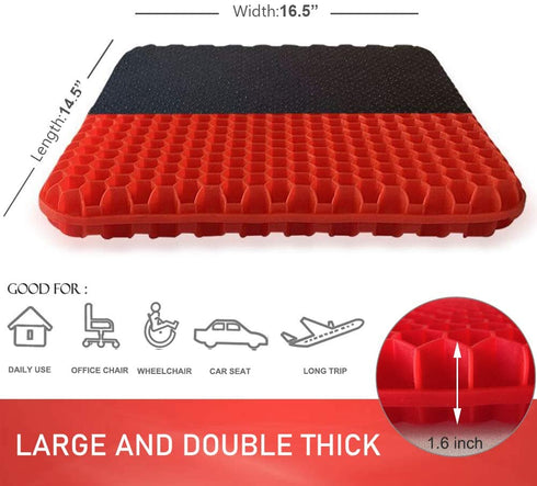 Gel Seat Cushion Double Thick Gel Support Cushions, Breathable Honeycomb Chair Mats Wheelchair Pads for Back Pain, Tailbone, Coccyx, Pressure Sores and Sciatica Relief (Red)