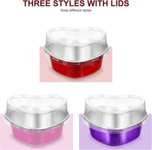 Heart Shaped Cake Pans with Lids, 3.4 Ounces/ 100 ml, Aluminum Foil Mini Disposable Heart Cupcake Pans for Valentine's Day Wedding Parties (Red, Pink, Purple,30 Sets)