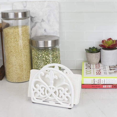 Home Basics Cast Iron Paper Napkin Holder/Freestanding Tissue Dispenser for Kitchen Countertops, Dining, Picnic Table, Indoor & Outdoor Use, White