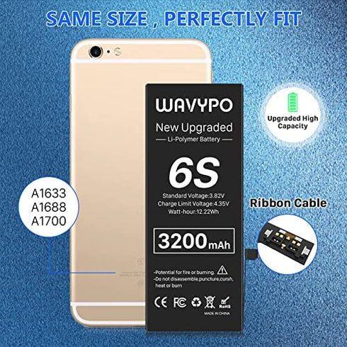Battery for iPhone 6S, Upgraded 3200mAh Wavypo 2022 High Capacity New 0 Cycle Battery Replacement for iPhone 6S Battery A1633 A1688 A1700 with Full Replacement Tool Kit