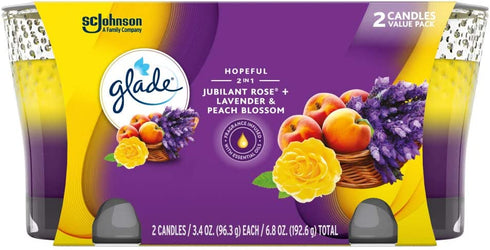 Glade Candle Jar, Air Freshener, 2in1, Jubilant Rose & Lavender & Peach Blossom, 3.4 Oz, 2 Count