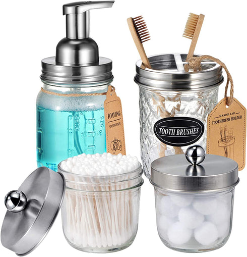 Mason Jar Bathroom Accessories Set(4 Pack) - Foaming Soap Dispenser&Qtip Holder Set&Toothbrush Holder-Rustic Farmhouse Decor Bathroom Organizer Apothecary Jar Country Countertop (Brushed Nickel)