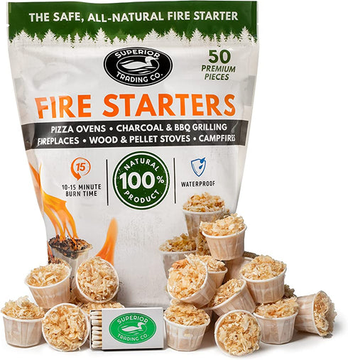 Superior Trading Co. All Natural Fire Starter 10-15 Minute Burn for BBQ, Campfire, Charcoal, Pit, Wood & Pellet Stove, 50 Extra Large Pods, Waterproof for Indoor/Outdoor Fire Starter, Brown