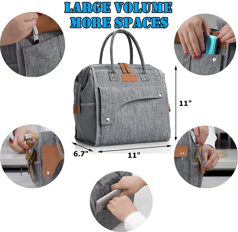 Insulated Lunch Bags for Men Women,Adult Lunch Box Large,Leakproof Lunchbox for Girl,Multi-Pocket Tote Lunch Bag Reusable Cooler Bag for Work, Office, Picnic, Outdoor (Grey)