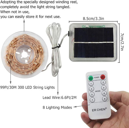 ER CHEN Outdoor Solar String Lights, 99Ft 300LEDs 8 Modes Fairy Lights with RF Remote, Waterproof Copper Wire Lights for Party, Patio, Garden, Yard (Pink)