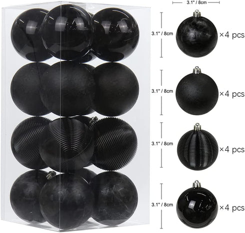 3.14" Christmas Ball Ornaments 16 Pcs Christmas Tree Decorations Set Shatterproof Black Big Christmas Ornaments Balls with Hanging Loop for Holiday Party Wreath Xmas Tree Decor