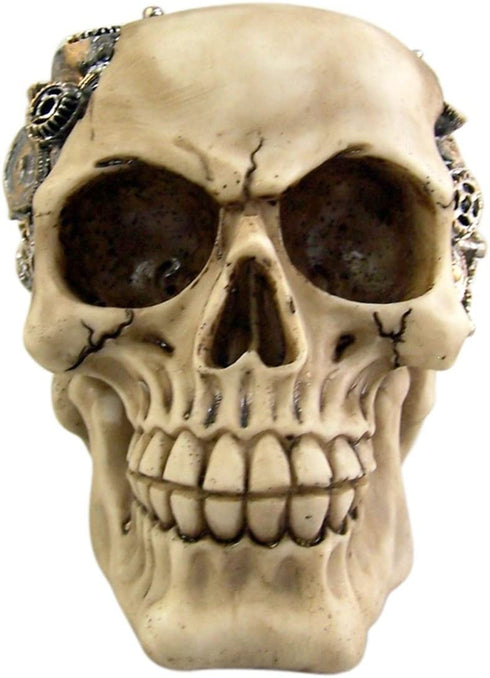 Steampunk Cyborg Protruding Gear Work Human Skull Statue Clockwork Gear Design Skeleton Cranium Figurine