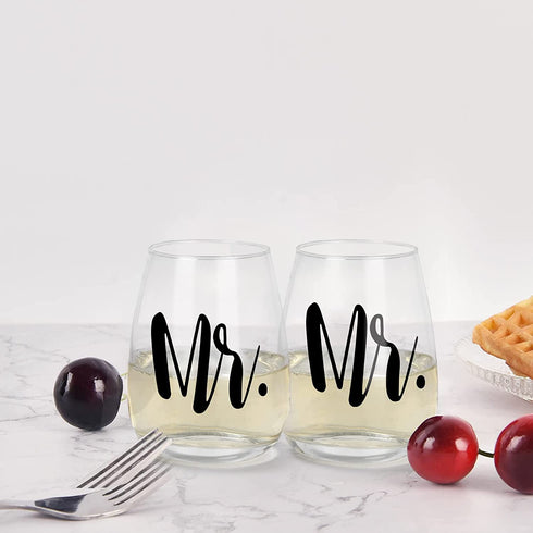 Mr and Mr Stemless Wine Glass Set of 2, Couple Wine Glass Gift for Gay Couple 15Oz - Gift Set for Engagement Wedding Birthday Anniversaries Valentine's Day - Ideal for Him, Male Couples, Pride Couples