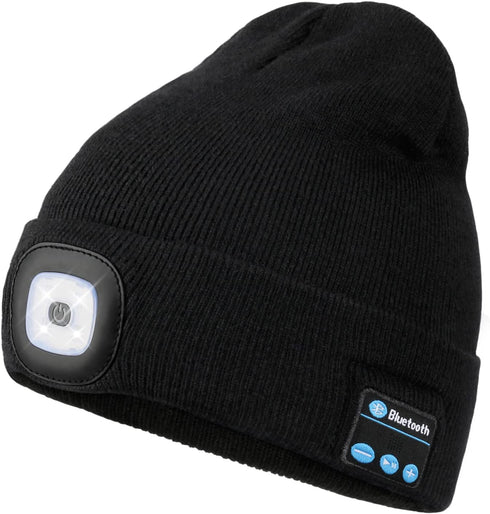 Bluetooth Beanie Hat with Light, Unisex USB Rechargeable 4 LED Headlamp Cap with Wireless Headphones, Unique Christmas Birthday Gifts for Men Him Husband Teen (Black)