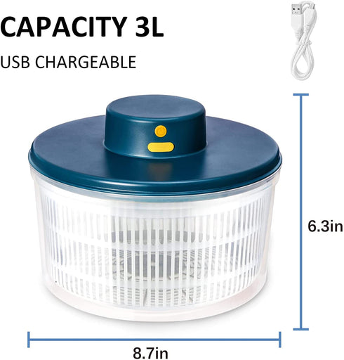 BORNKU Electric Salad Spinner 3L - USB Chargeble,Vegetable Washer with Bowl, Lettuce Cleaner and Dryer - Easy Water Drain System and Compact Storage,BPA Free and Easy to Use