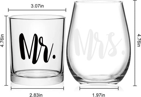 Futtumy Mr & Mrs Whiskey Glass and Stemless Wine Glass Gift Set, Valentines Day Gift for Mr Mrs Couple Husband Wife Bride Groom, Unique Glass Set Idea for Valentines Day Birthday Christmas Wedding