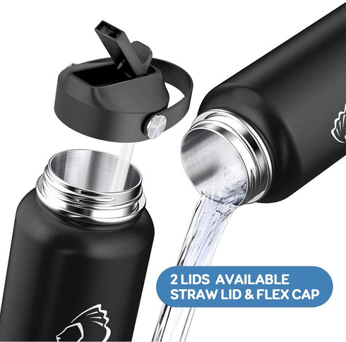 BUZIO Insulated Water Bottle with Straw Lid and Flex Cap, 32oz, 40oz, 64oz, 87oz 128oz Modern Double Vacuum Stainless Steel Water Flask, Cold for 48 Hrs Hot for 24 Hrs Simple Thermo Canteen Mug