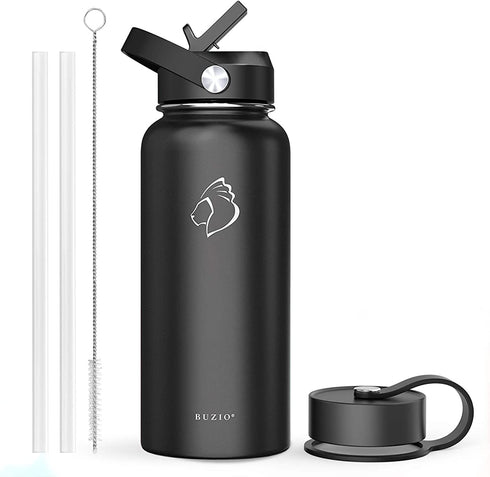 BUZIO Insulated Water Bottle with Straw Lid and Flex Cap, 32oz, 40oz, 64oz, 87oz 128oz Modern Double Vacuum Stainless Steel Water Flask, Cold for 48 Hrs Hot for 24 Hrs Simple Thermo Canteen Mug