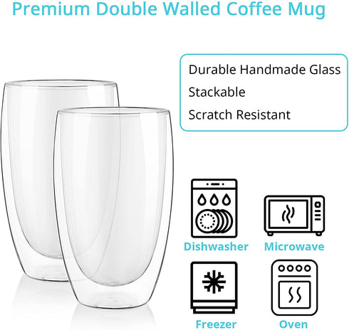 Bivvclaz Double Walled Glass Coffee Mugs, 2-Pack 15 Oz Borosilicate Glass Coffee Cups, Thermo Insulated Glass for Latte Cappuccino Americano Tea milk Beverage, Clear