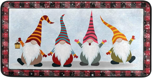Christmas Gnomes Kitchen Rug Red Black Plaid Winter Snow Floor Comfort Mats Bath Rugs Entryway Welcome Non Slip Area Rug for Bedroom Living Room Doormats Home Decor 39" X 20"