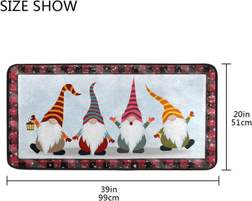 Christmas Gnomes Kitchen Rug Red Black Plaid Winter Snow Floor Comfort Mats Bath Rugs Entryway Welcome Non Slip Area Rug for Bedroom Living Room Doormats Home Decor 39" X 20"