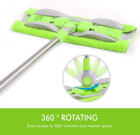 ITSOFT Microfiber Hardwood Floor Mop - Stainless Steel Handle with Extension and 5 Reusable Mop Pads, for Wet or Dry Floor Cleaning, Green