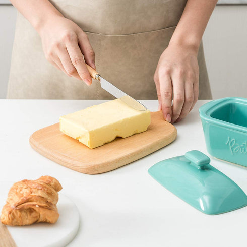 FE Butter Dish, 10 oz Ceramic Butter Keeper with Water Line, French Butter Dish with Lid for Countertop (Mint green)