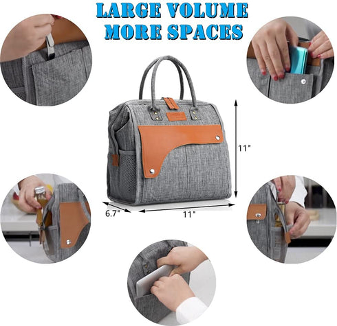 Insulated Lunch Bags for Women Men,Adult Lunch Box Large,Leakproof Lunchbox for Girl,Multi-Pocket Tote Lunch Bag Reusable Cooler Bag for Work, Office, Picnic, Outdoor (Leather/Brown)