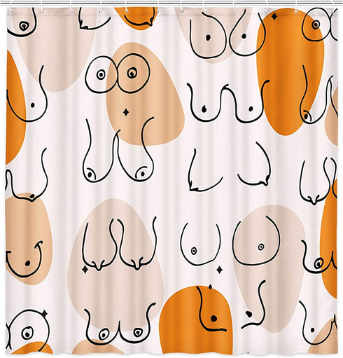 Funny Human Body Shower Curtain Bathroom Decor, Girl Woman Breast Boob Bathroom Curtain, Orange Pink Fabric Shower Curtain Sets with Hooks 69x70inches