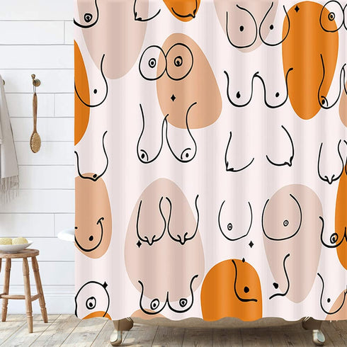 Funny Human Body Shower Curtain Bathroom Decor, Girl Woman Breast Boob Bathroom Curtain, Orange Pink Fabric Shower Curtain Sets with Hooks 69x70inches