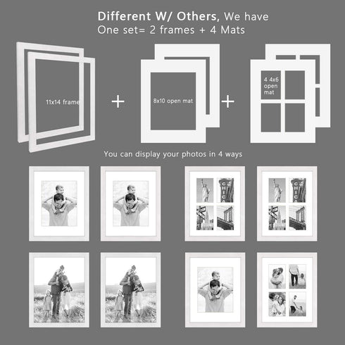Hap Tim 11x14 Picture Frame Set of 2,Each White Wood Pattern Frame with 2 Mats,Display 8x10 or Four 4x6 Photos with Mat ,11x14 Picture Without Mat for Wall Display