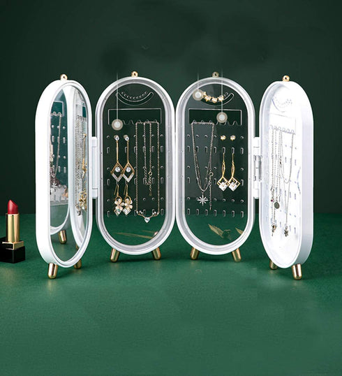 Fashion Small Foldable Jewelry Display Earrings Rings Organizer Box Jewelry Travel Case Small for Women Hanging Necklace Jewelry Storage Box 4 Doors Foldable Screen Necklace Display Rack Jewelry Organizer for Earrings with Mirror (WHITE)