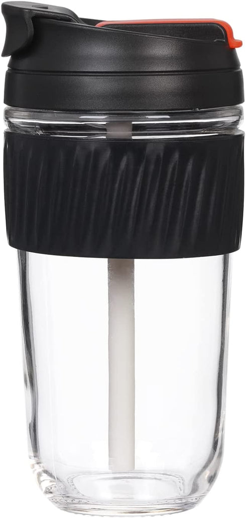 Leak Proof Glass Travel Coffee Mug with Lid and Straw, 18oz/540ml, 2 Ways Drinking Reusable Water Bottle with Silicone Sleeve, BPA Free, Microwave Safe, Durable (Coal Black)
