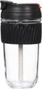 Leak Proof Glass Travel Coffee Mug with Lid and Straw, 18oz/540ml, 2 Ways Drinking Reusable Water Bottle with Silicone Sleeve, BPA Free, Microwave Safe, Durable (Coal Black)