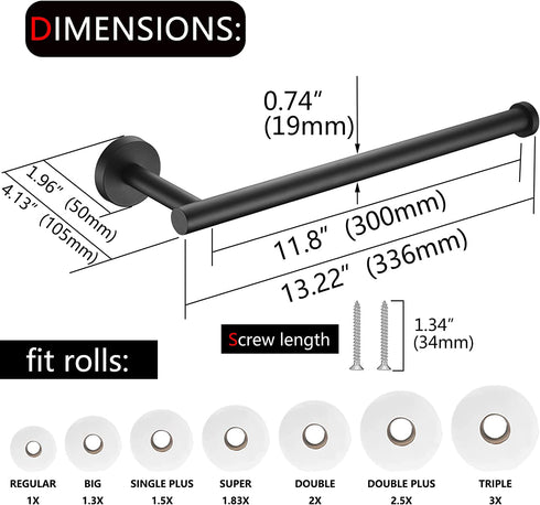 Matte Black Paper Towel Holder,Under Kitchen Cabinet Towel Paper Rack,Wall Mounted Round SUS304 Stainless Steel Dispenser for Bathroom Kitchen Tissue Towel Roll,11 inch