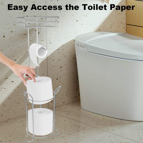 Toilet Paper Holder Stand with Storage Bathroom Free standing Toilet Tissue Holder with Dispenser Shelf for Mobile Phone, Hold 3 Rolls Reserve Toilet Roll Holder Metal Large Bathroom Storage Silver