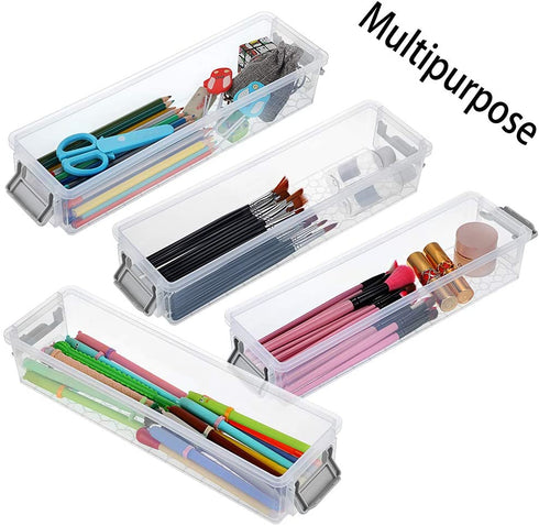 BTSKY Long Plastic Stackable Box Home, Office Supplies Storage Organizer Box Pencil Box Plastic Organizer Holder for Gel Pens Erasers Tape Pens Pencils Markers etc- 3 Pack - Clear with Grey Clip