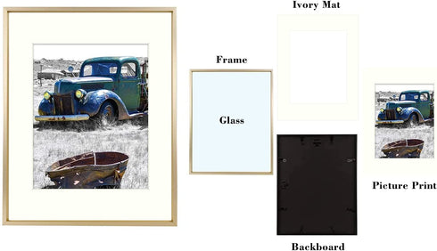 Golden State Art, 11x14 Gold Picture Frame Displays Photo 8x10 with Ivory Mat or 11x14 Without Mat for Wall Mounting Aluminum Frames with Real Glass (Pack of 1)