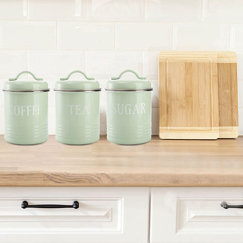 Fasmov 3 Pack Airtight Kitchen Canister Decorations with Lids, Turquoise Metal Rustic Farmhouse Country Decor Containers for Sugar Coffee Tea Storage, Green