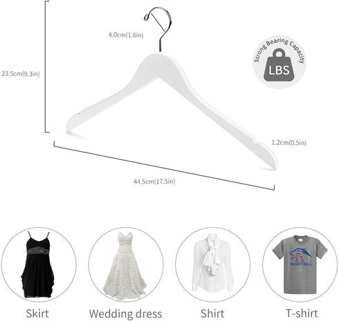 Nature Smile Solid Gugertree Wood Shirt and Dress Hangers with Notches with Antirust Chrome Hook Pack of 10 (White)