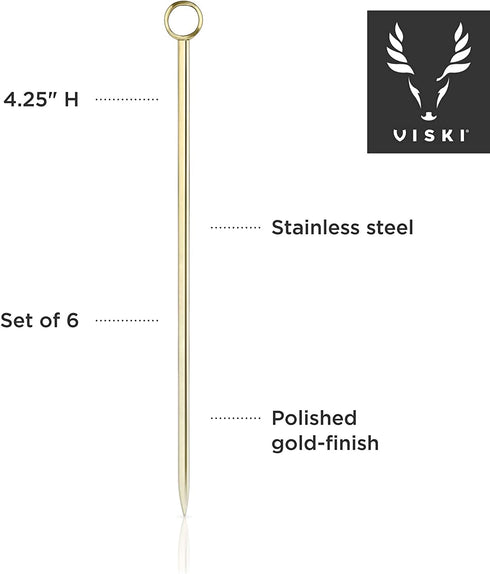 Viski Gold Cocktail Picks, Set of 6 Stainless Steel Drink Picks, Barware Accessories, 4.25€³