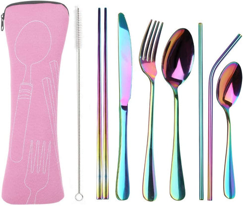 Reusable Travel Utensils Cutlery Set with Case, YIMICOO Stainless Steel Portable Flatware Set Silverware Set for Camping Picnic Office or School Lunch (Pink)