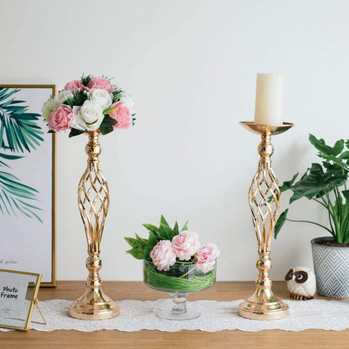 2 Pcs Versatile Metal Flower Arrangement & Candle Holder Stand Set for Wedding Party Dinner Centerpiece Event Restaurant Hotel Decoration (Gold, 2 x M)