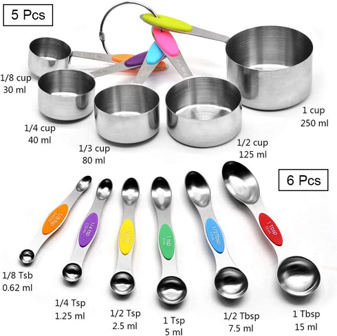 Sunnyac 12 Pieces Measuring Cups and Spoons Set, Including 5 Stackable Stainless Steel Measuring Cups, 6 Double Sided Magnetic Measuring Spoons and 1 Metal Plate for Dry and Liquid Ingredients
